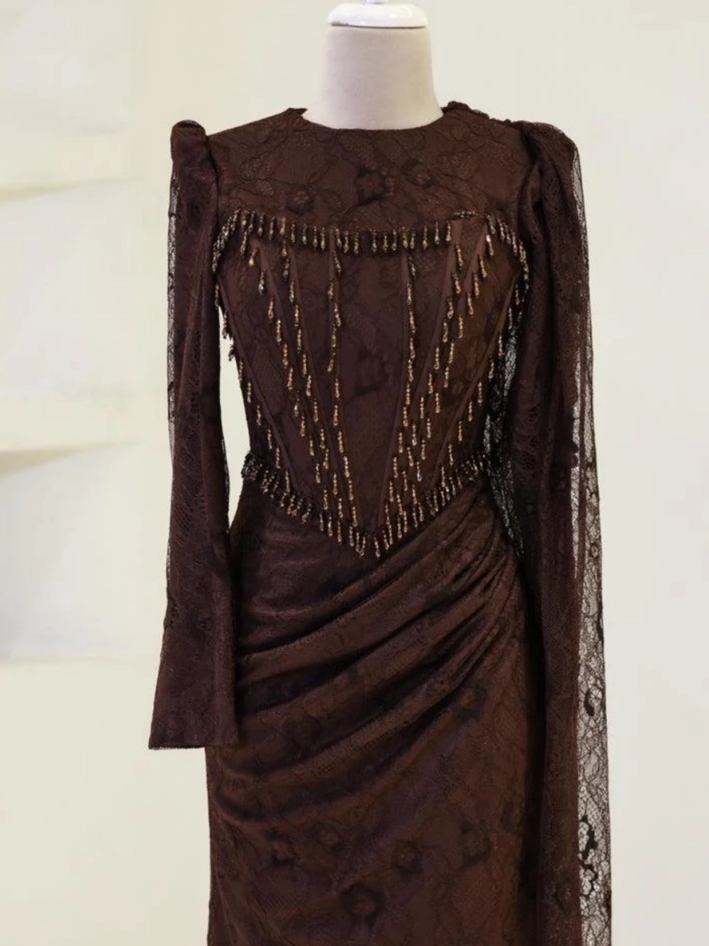 Beaded Brown Lace Long-Sleeve Evening Gown